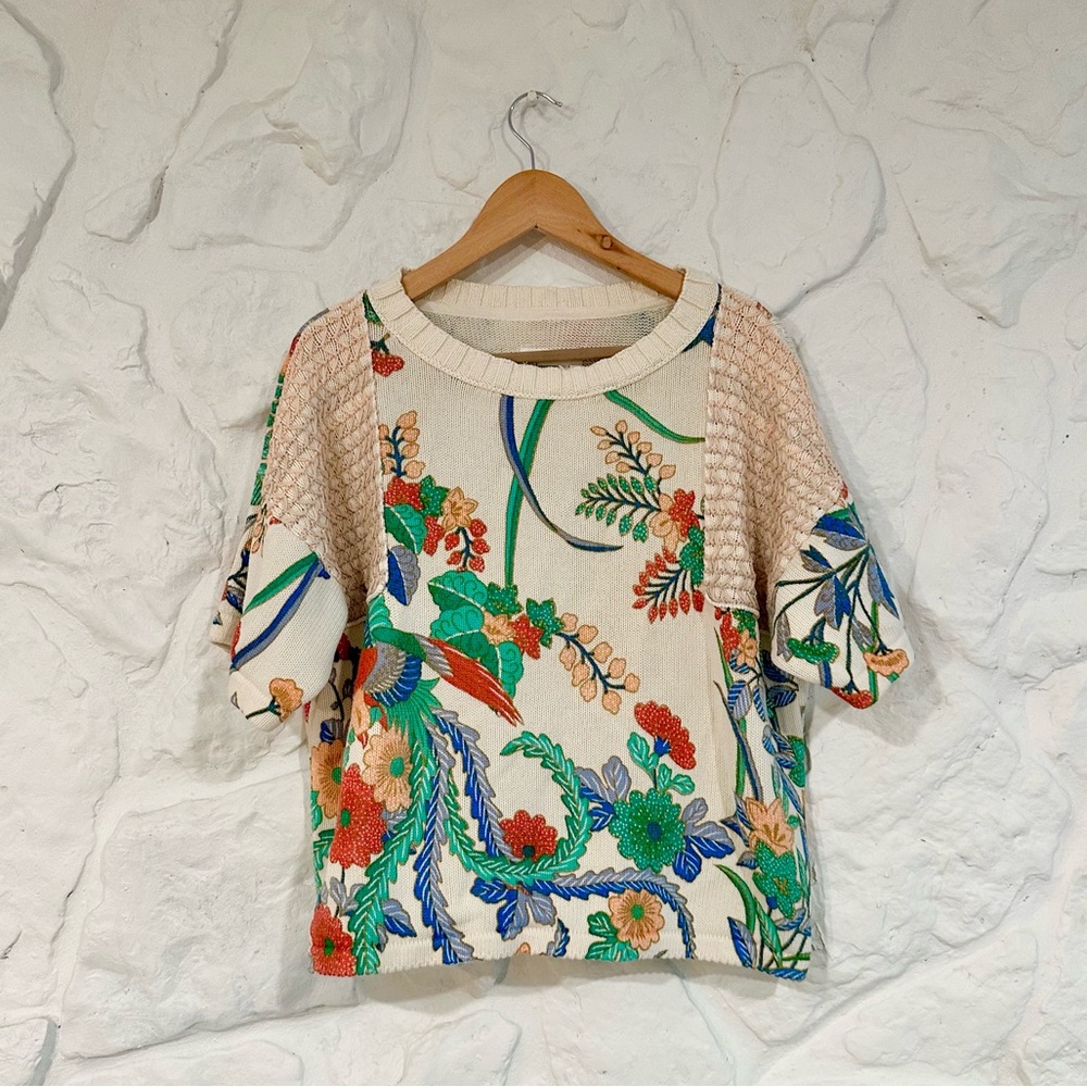 Anthropologie Green and Blue Floral Sweater